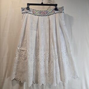 Cupio White Eyelet Lace Embroidered Boho Midi Skirt Size 10